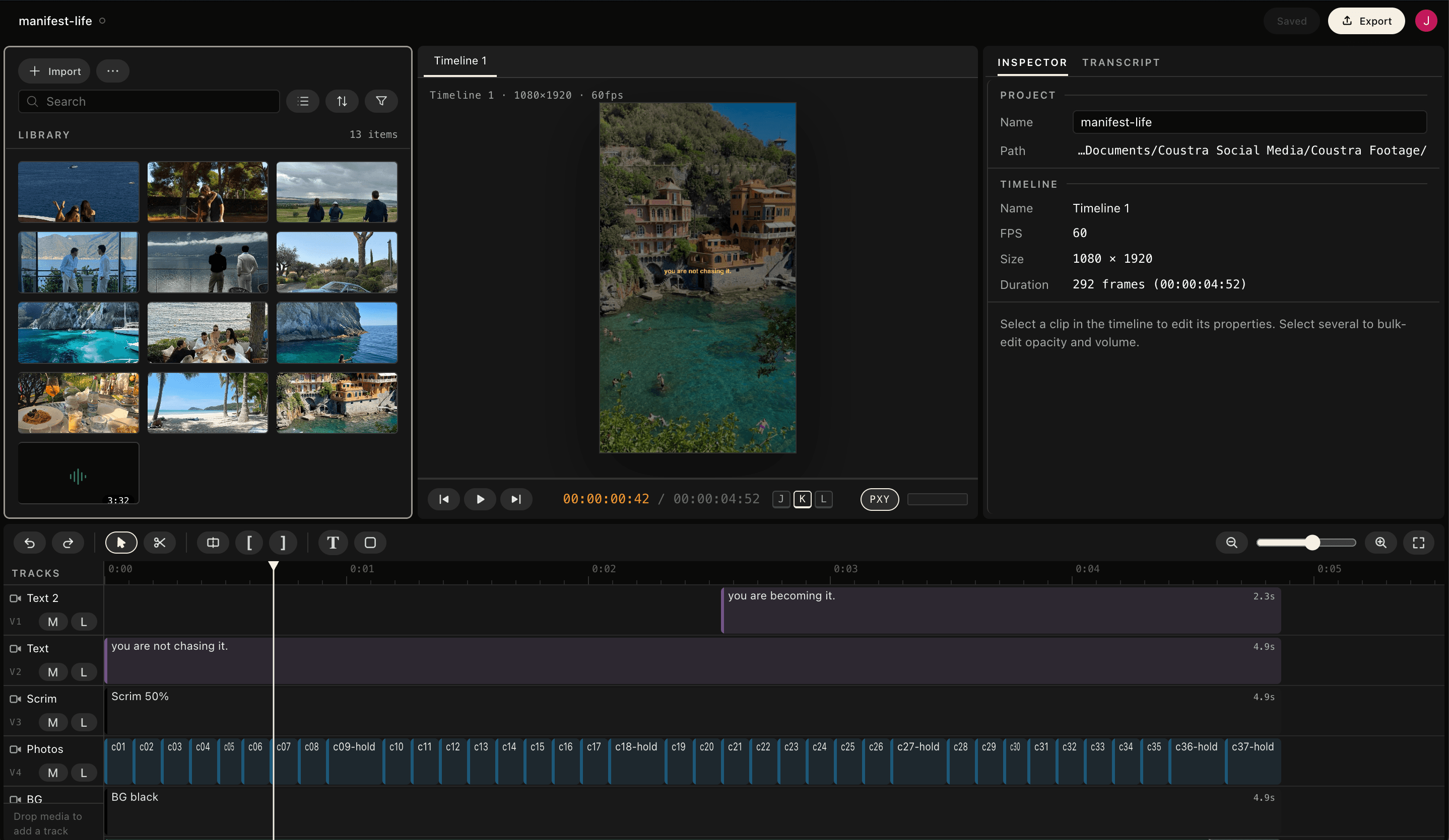 The SmashCut editor: media library, a 9:16 preview, and a multi-track timeline mid-edit on a vertical montage project